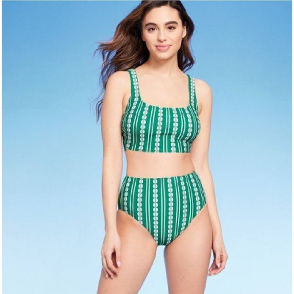 KONA SOL BIKINI TOP LONGLINE PULLOVER SQUARE NECK GLOBAL PRINT SWIM SUIT GREEN - Picture 5 of 5